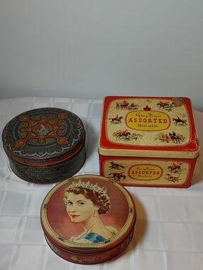 Vintage Decorative Tins, Lot of 3 - Red, Cream, Black